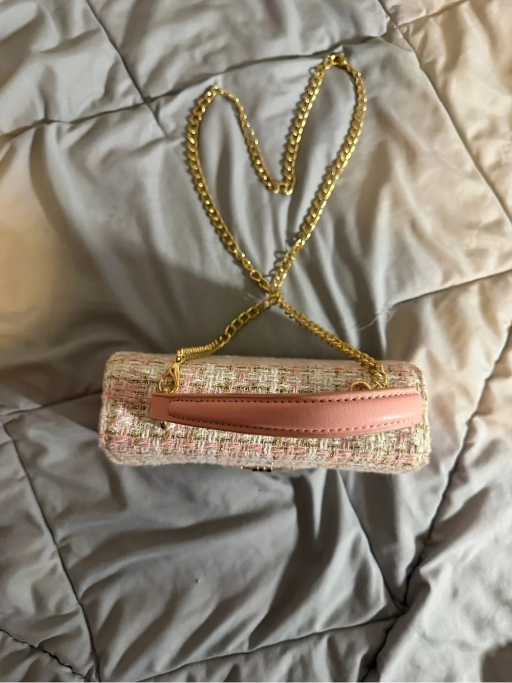 Pink Tweed Chain-Handle Shoulder Bag